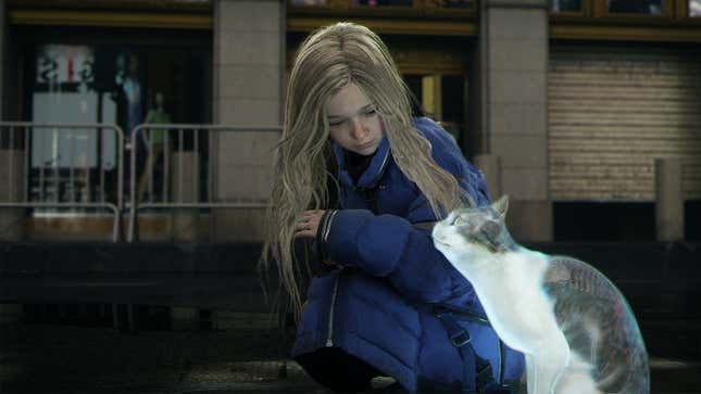 a young child and a cat kneel in the street in pragmata