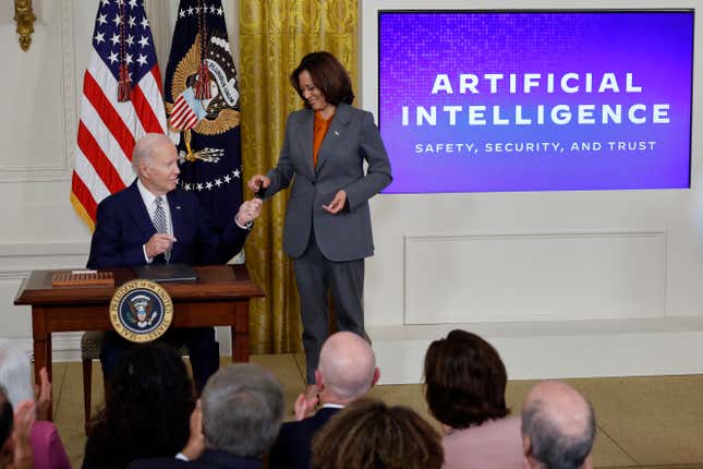 Joe Biden sitting at a desk with the presidential seal handing Kamala Harris a pen with a purple screen with artificial intelligence beside them