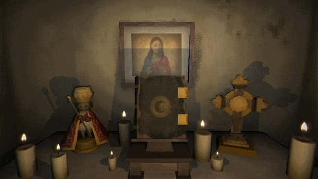 A small candlelit altar holds a cross, a stylized representation of a religious figure, and a book.