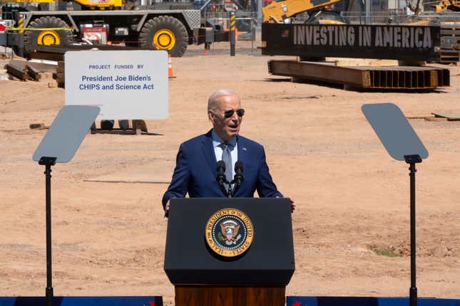 U.S. president Joe Biden gives a speech at Intel Ocotillo Campus on March 20, 2024 in Chandler, Arizona. Biden announced $8.5 billion in federal funding from the CHIPS Act for Intel Corp. to manufacture semiconductors in Arizona.