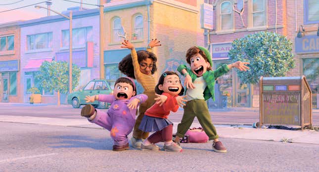 The main characters of Pixar's Turning Red, dancing in the middle of the street. 