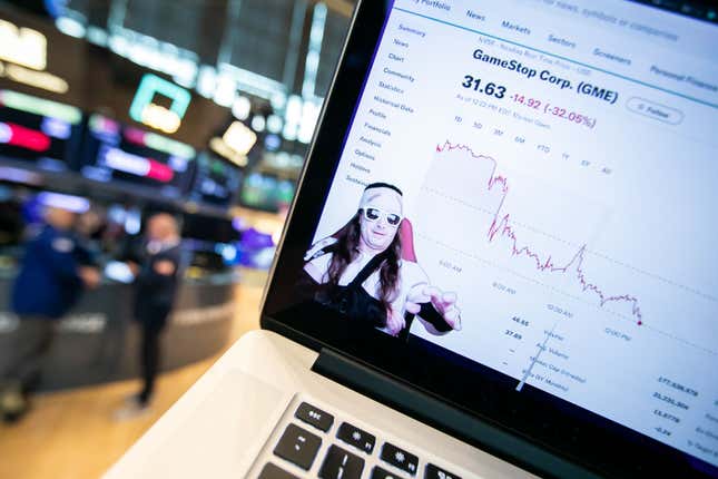 IKeith Gill, a Reddit user credited with inspiring GameStop’s rally, during a YouTube livestream on a laptop at the New York Stock Exchange on June 7, 2024. 