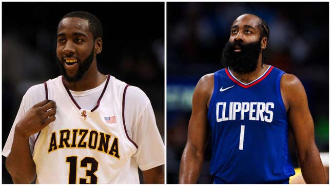 James Harden en 2009 ; James Harden en 2024.