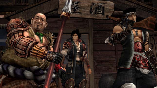 The protagonists of Onimusha 2 stand in front of a house.