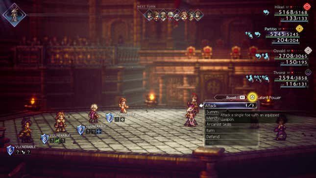 An Octopath Traveler II battle screen showing party members from the second game fighting four characters from the first game.