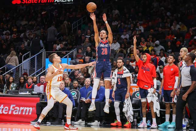 Nov 1, 2023; Atlanta, Georgia, USA; Washington Wizards guard Landry Shamet (20) shoots against the Atlanta Hawks in the second half at State Farm Arena.