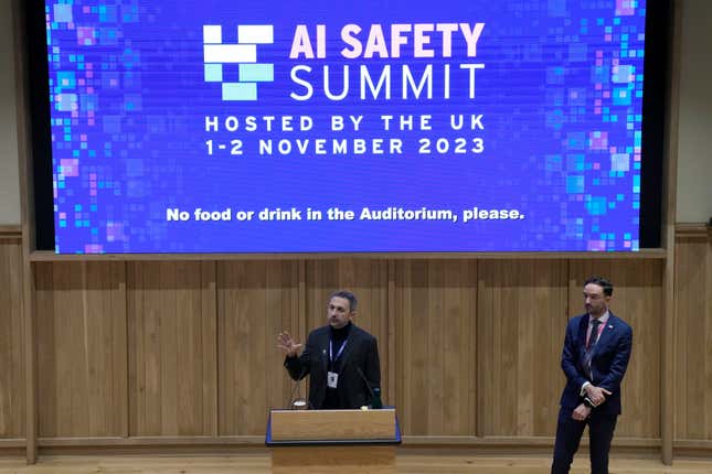 Mustafa Suleyman co founder and CEO of Inflection AI speaks to journalist during the AI Safety Summit in Bletchley Park, Milton Keynes, England, Wednesday, Nov. 1, 2023. (AP Photo/Alastair Grant)