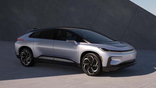 A silver 2020-something Faraday Future FF 91.