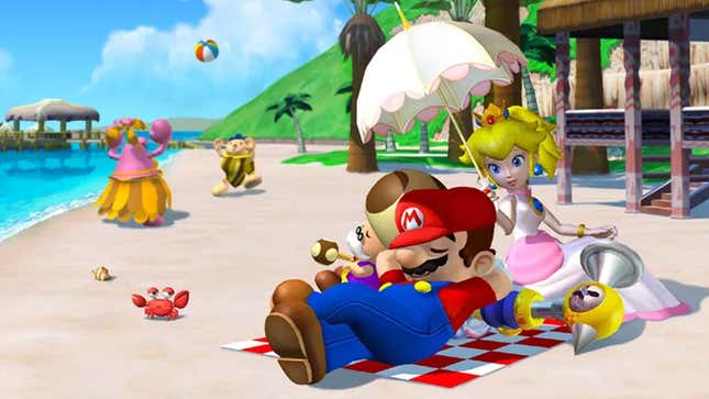 Mario sleeps on the beach while Princess Peach provides him some shade with her pink umbrella.