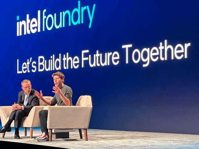 OpenAI Sam Altman, right, discusses the need for more chips designed for artificial intelligence with Intel CEO Pat Gelsinger on Wednesday, Feb. 21, 2024, during a conference in San Jose, Calif. (AP Photo/Michael Liedtke)