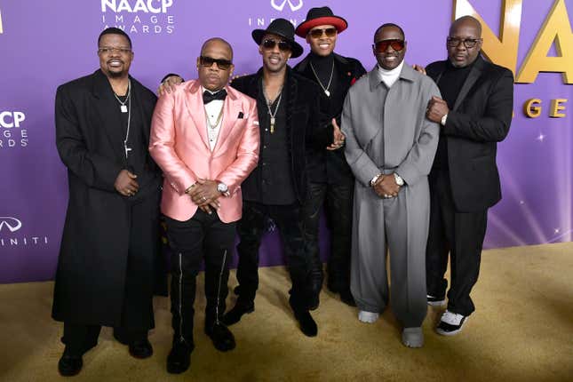 Ricky Bell, left; Michael Bivins, Ralph Tresvant, Johnny Gill, Bobby Brown and Ronnie DeVoe attend the 55th Annual NAACP Awards at Shrine Auditorium and Expo Hall on March 16, 2024 in Los Angeles, California.