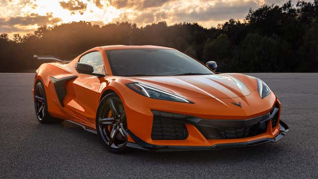 A photo of an orange Corvette. 