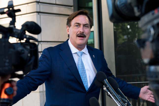 FILE - MyPillow chief executive Mike Lindell, speaks to reporters outside federal court in Washington, June 24, 2021. MyPillow chief executive and prominent election denier Mike Lindell said Friday, Jan. 12, 2024 that Fox News has stopped running his company&#39;s commercials, disputing the network&#39;s assertion that it&#39;s simply because he hasn&#39;t paid his bills. (AP Photo/Manuel Balce Ceneta, File)