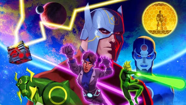 Promotional pic of Young Justice: Phantoms, featuring Rocket, several aliens, and a Green Lantern. 