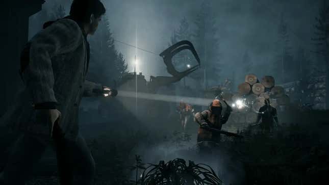 A screenshot from Alan Wake Remastered showing Alan using a flashlight against lumberjacks corrupted by the darkness.