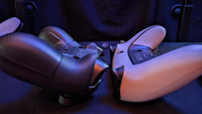 A side-by-side image shows the underside of the Nacon Revolution 5 Pro controller and the DualSense Edge.