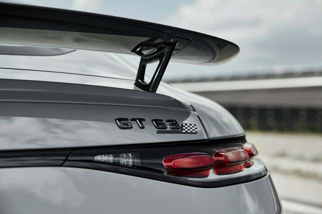 Rear wing of a grey 2025 Mercedes-AMG GT63 Pro