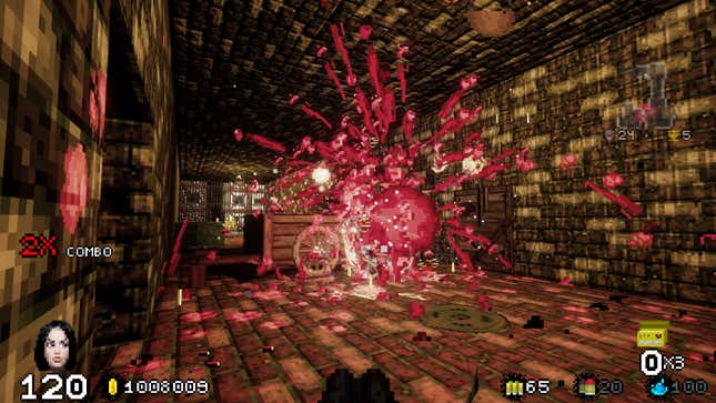An explosion of guts is rendered in first-person arena shooter view. 