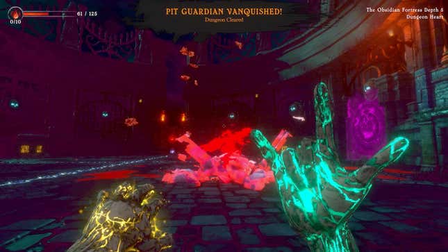 a first-person view of a magician casting a spell and making devil horns symbol in into the pit release date
