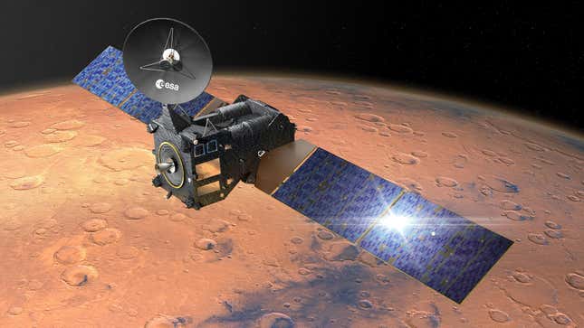Artist’s impression of the ESA’s Trace Gas Orbiter, which is currently in orbit around Mars.
