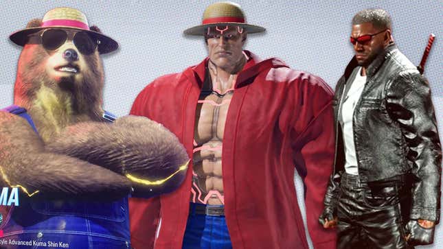 Tekken 8'in Kuma'sı (solda), Jack-8 (ortada) ve Raven (sağda) sırasıyla Smokey the Bear, Straw Hat Luffy ve Blade gibi giyinmişler.