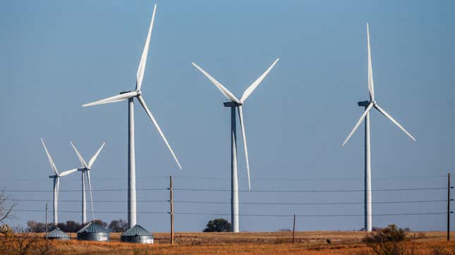 Five wind turbines dot the landscape near Steele City, Nebraska.