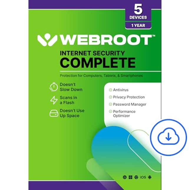 Image for article titled Webroot Internet Security Complete | Antivirus Software 2025 | 5 Device | 1 Year Download for PC/Mac/Chromebook/Android/IOS + Password Manager, Now 63% Off