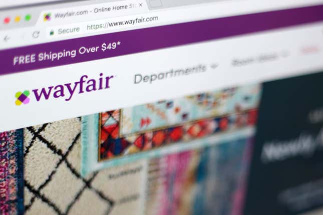 FILE- This April 17, 2018, file photo shows the Wayfair website on a computer in New York. More than a half a million beds sold at retailers like Walmart and Wayfair are under recall because they can break during use, which has resulted in dozens of injuries. The recall impacts several different models and sizes of upholstered low profile standard and platform beds from Home Design, Inc. (AP Photo/Jenny Kane, File)