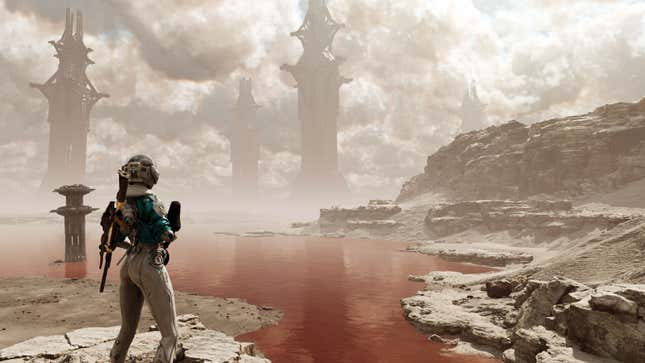 A player character looks out at a post apocalyptic and barren landscape.