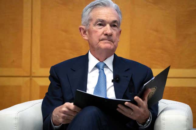 FILE - Federal Reserve Chairman Jerome Powell is introduced at the Jacques Polak Research Conference at the International Monetary Fund, Thursday, Nov. 9, 2023, in Washington. The Fed is set to leave interest rates unchanged while facing speculation about eventual rate cuts. (AP Photo/Mark Schiefelbein, File)