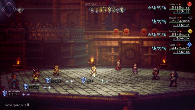 An Octopath Traveler II battle screen showing party members from the second game fighting four characters from the first game.