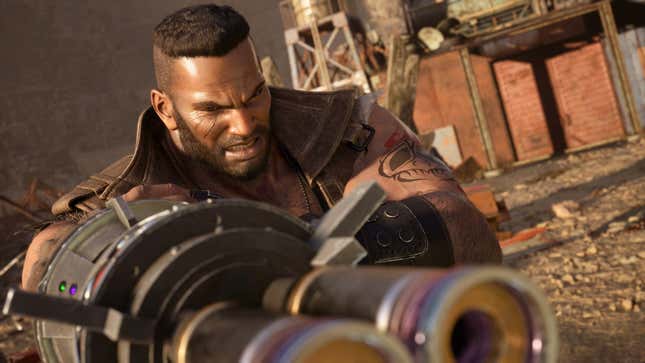 Barret aims his gun at something off-screen.