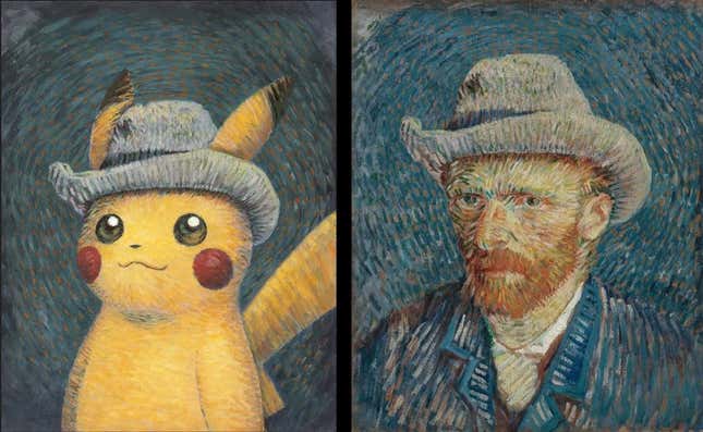 The Pikachu felt hat artwork is shown next to van Gogh's self portrait.