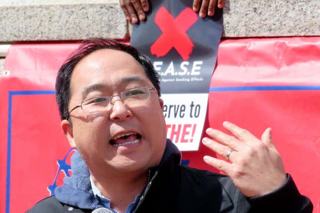 U.S. Rep. Andy Kim, a candidate for the Democratic nomination for a U.S. Senate seat, speaks in support of Atlantic City casino workers during a rally in Trenton N.J., Friday, April 5, 2024, after the United Auto Workers and casino workers filed a lawsuit challenging New Jersey&#39;s clean indoor air law that exempts casino workers from its protections. (AP Photo/Wayne Parry)