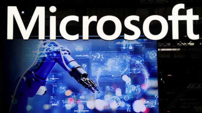 The logo of U.S. company Microsoft is pictured during preparations for the annual industry trade fair Hannover Messe in Hanover, Germany April 16, 2023.