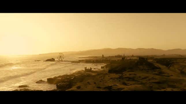 Uma captura de tela do primeiro trailer do programa de TV Fallout mostra um cais de Santa Monica devastado.