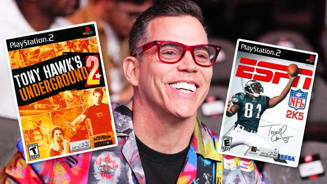 An image shows Steve-O near two video game covers. 