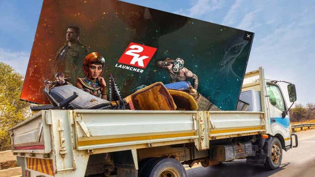 An image shows the 2K Games launcher in a garbage truck. 