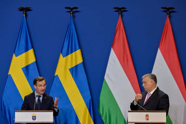 Sweden&#39;s Prime Minister Ulf Kristersson, left, speaks during a press conference with his Hungarian counterpart Viktor Orban at the Carmelite Monastery in Budapest, Hungary, Friday, Feb 23, 2024. Nearly two years after Sweden formally applied to join NATO, its membership now hinges on convincing one country - Viktor Orban&#39;s Hungary - to formally ratify its bid to join the military alliance. (AP Photo/Denes Erdos)