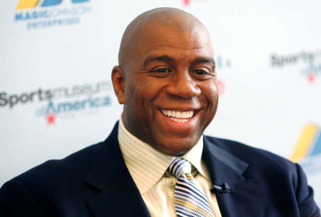 Basketball legend turned entrepreneur Magic Johnson tours the Sports Museum of America in New York, Friday, Nov. 21, 2008. Johnson was there to promote his new book, “32 Ways to be a Champion in Business”.