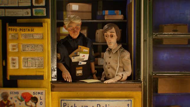 Harold and the mailman stand inside a small post office booth looking at letters