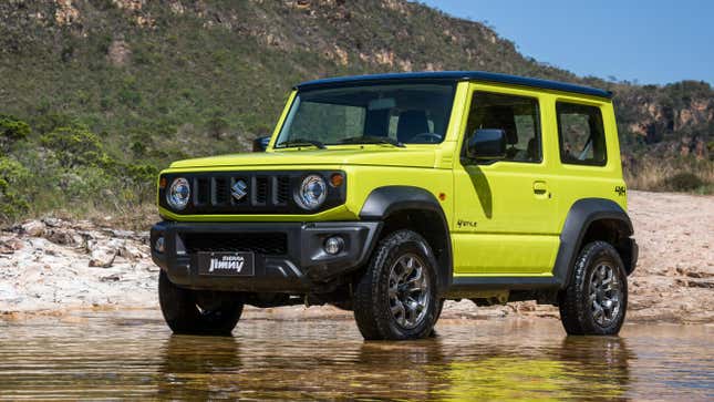 Front 3/4 view of a green Suzuki Jimny