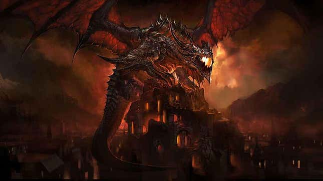 A large dragon stands on top of ruined buildings