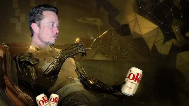 Elon Musk holds Diet Coke cans as a Deus Ex character.