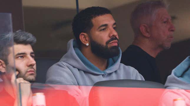 Drake is seen during Super Bowl LVI at SoFi Stadium on February 13, 2022 in Inglewood, California.