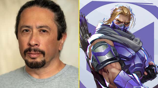 A voice actor is juxtaposed next to a Marvel character.