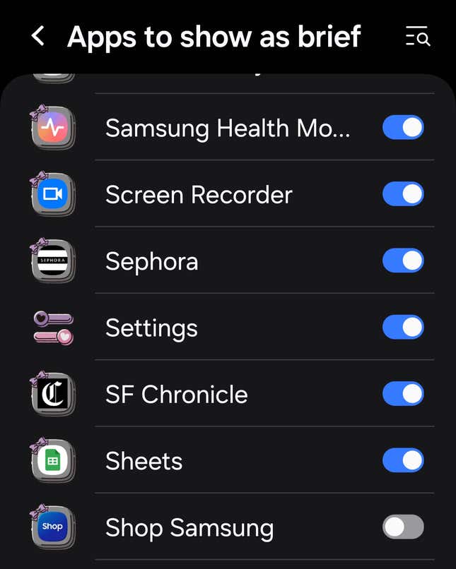A screenshot of the apps screen to toggle off the feature