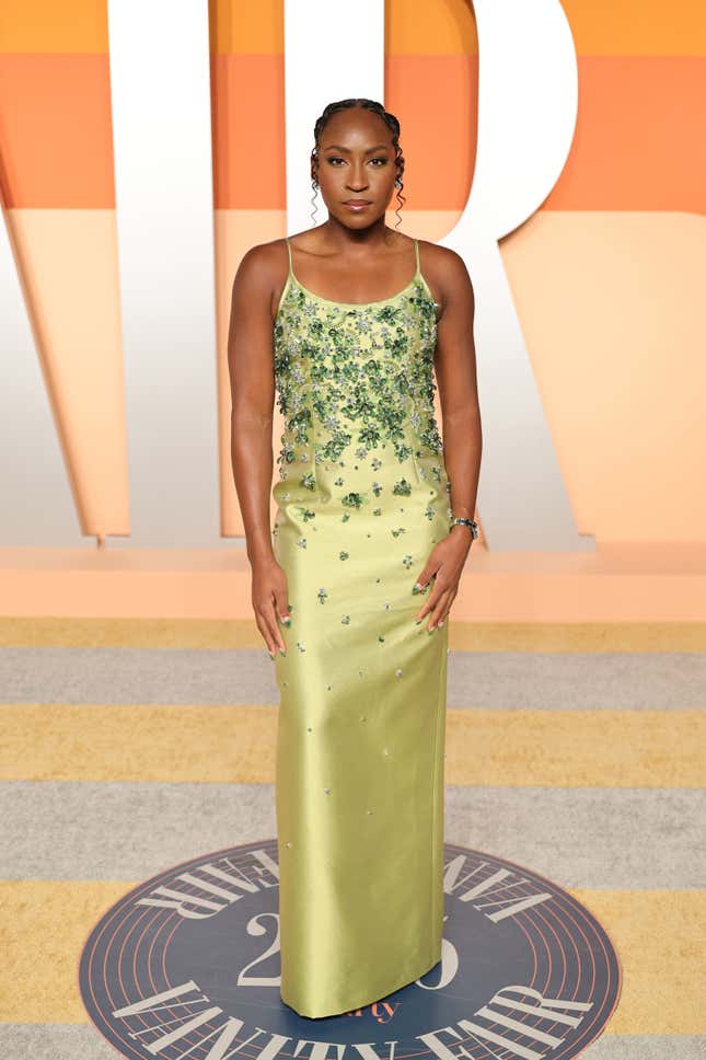 Coco Gauff attends the 2025 Vanity Fair Oscar Party Hosted By Radhika Jones at Wallis Annenberg Center for the Performing Arts on March 02, 2025 in Beverly Hills, California.