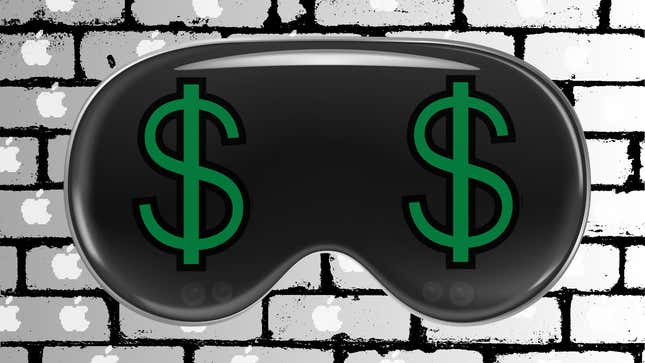 An illustration of the Apple Vision Pro with dollar signs stuck on the front.