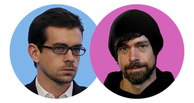 Jack Dorsey in 2010 and 2021.